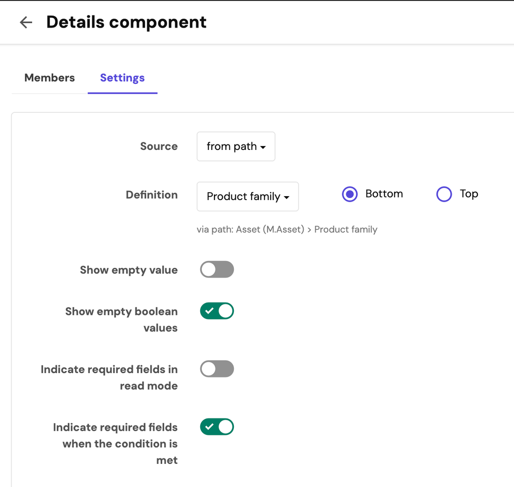 Configuration of the settings of Entity Details page components