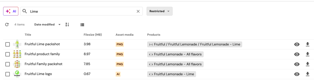 Search component showing all the Product Hierarchy on the assets. 